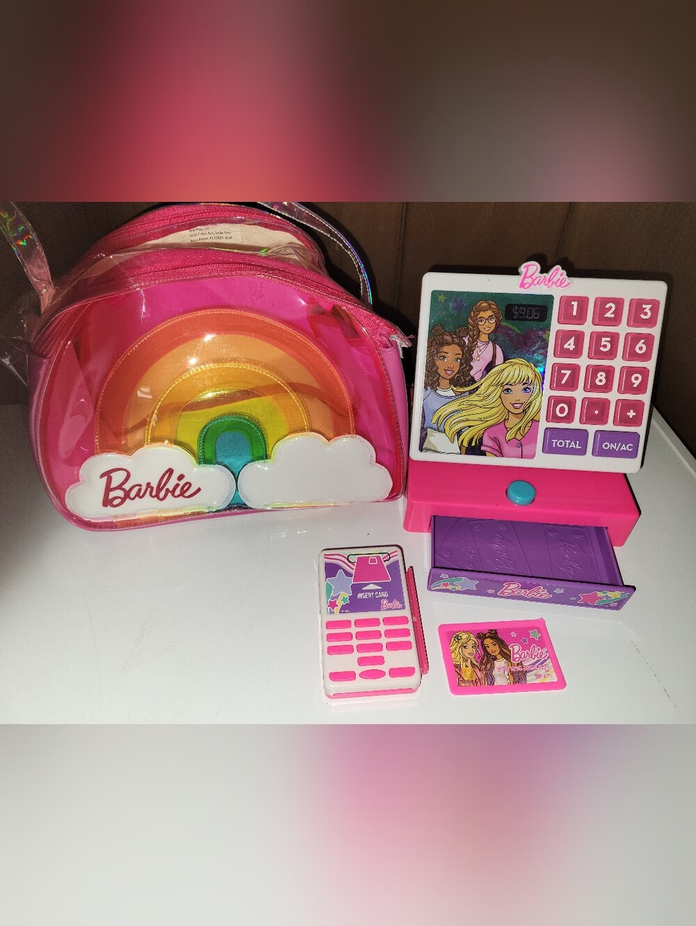 Barbie Pink Rainbow Clear Bag And Barbie Cash Register Toy